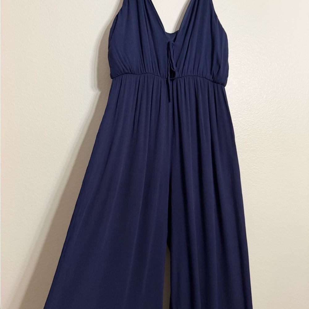 Deep V Navy Wide-Leg Jumpsuit